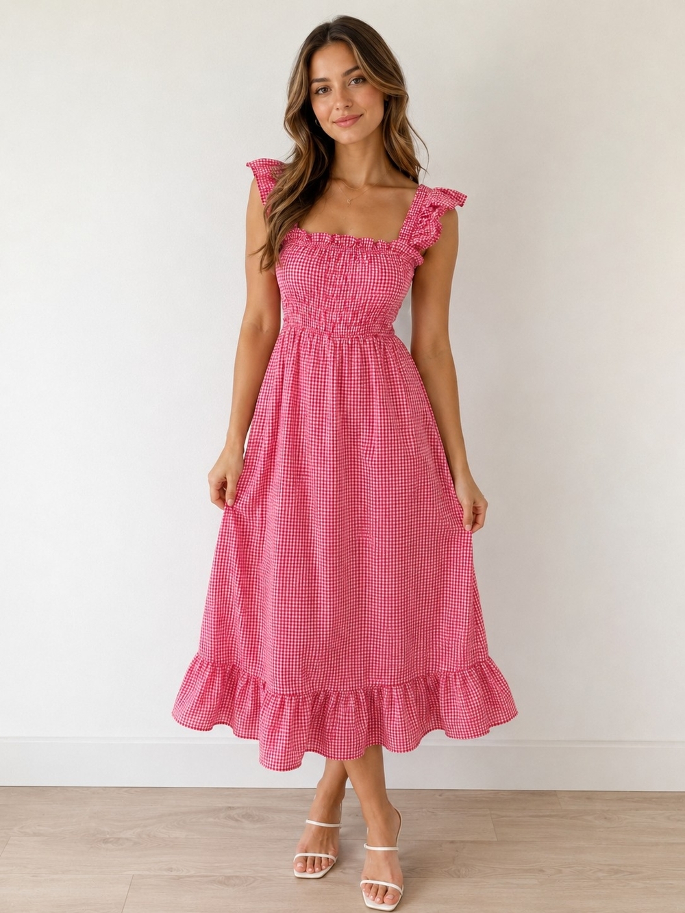 Pink Gingham Smocked Midi Dress with Ruffle Straps